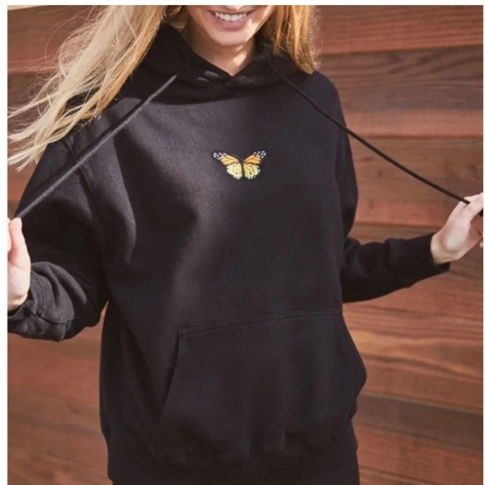 Brandy Melville Black Cotton Butterfly Hoodie Classic Neutral Sweatshirt size S - Picture 1 of 9